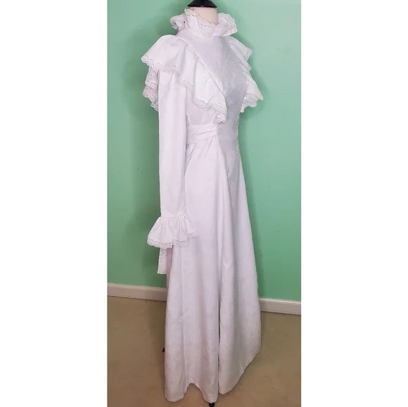 Vintage Boho Wedding Gown White Brocade Lace Long Sleeve Sash Dress - Picture 2 of 11